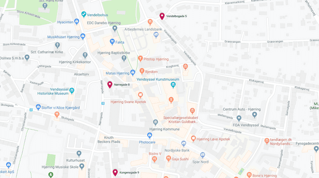 Kort over Hjørring med markeringer af vores ejendomme. Adresserne står i listen ved siden af kortet.